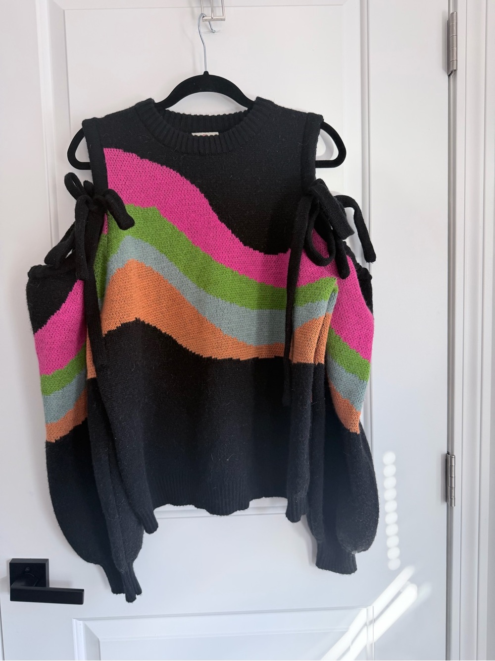 FARM Rio Black Off-Shoulder Sweater with Pink, Green & Orange Waves